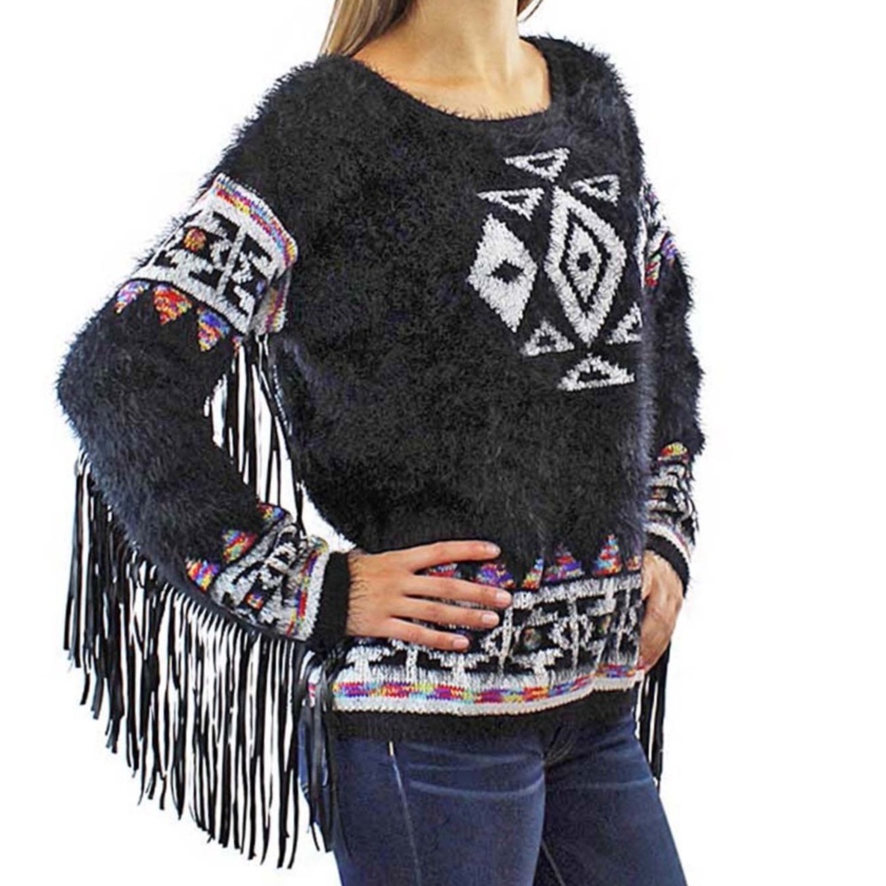 Elan Tribal Boho Astec Festival Fringed Fuzzy Sweater SZ M